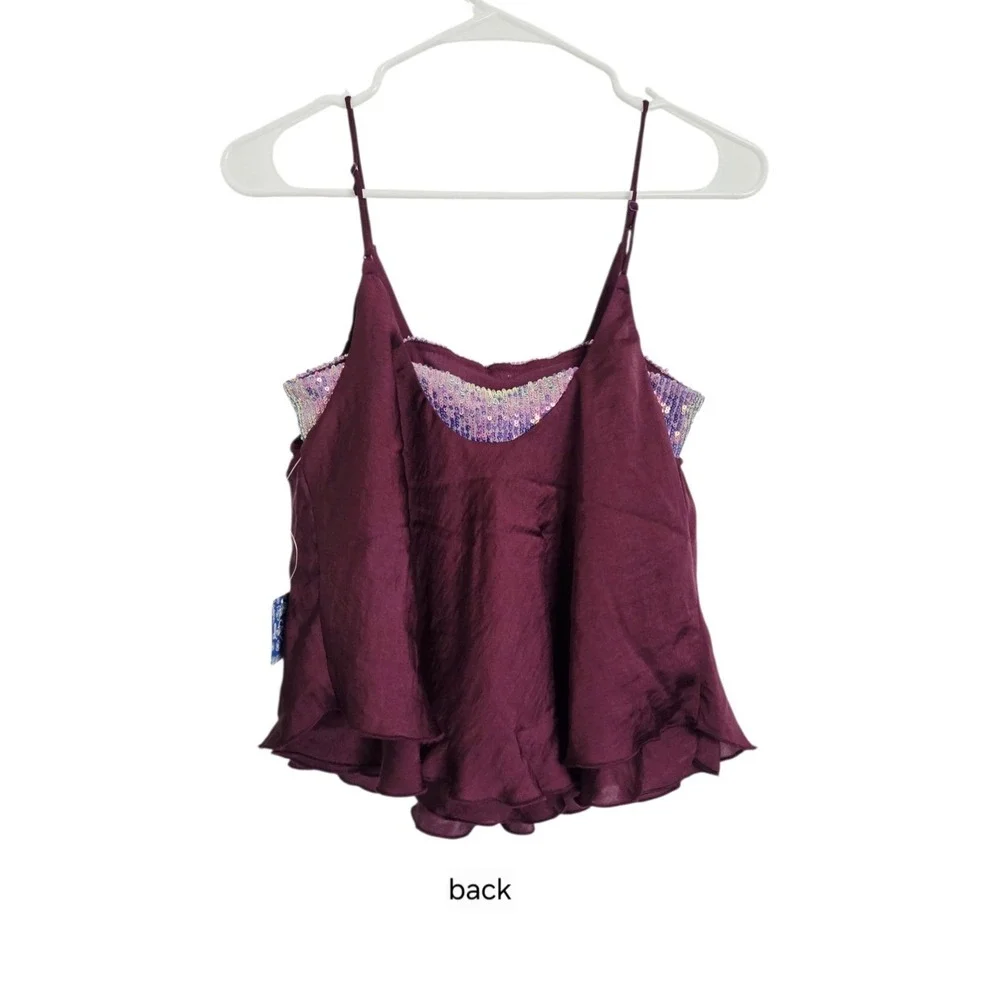 Free People Turn It On Cami S Burgundy Sequin Embellished Inset Layered Club NEW